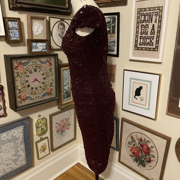Dress The Population Burgundy Sequin Low Back Bodycon Cocktail Dress Size M - Picture 2 of 7